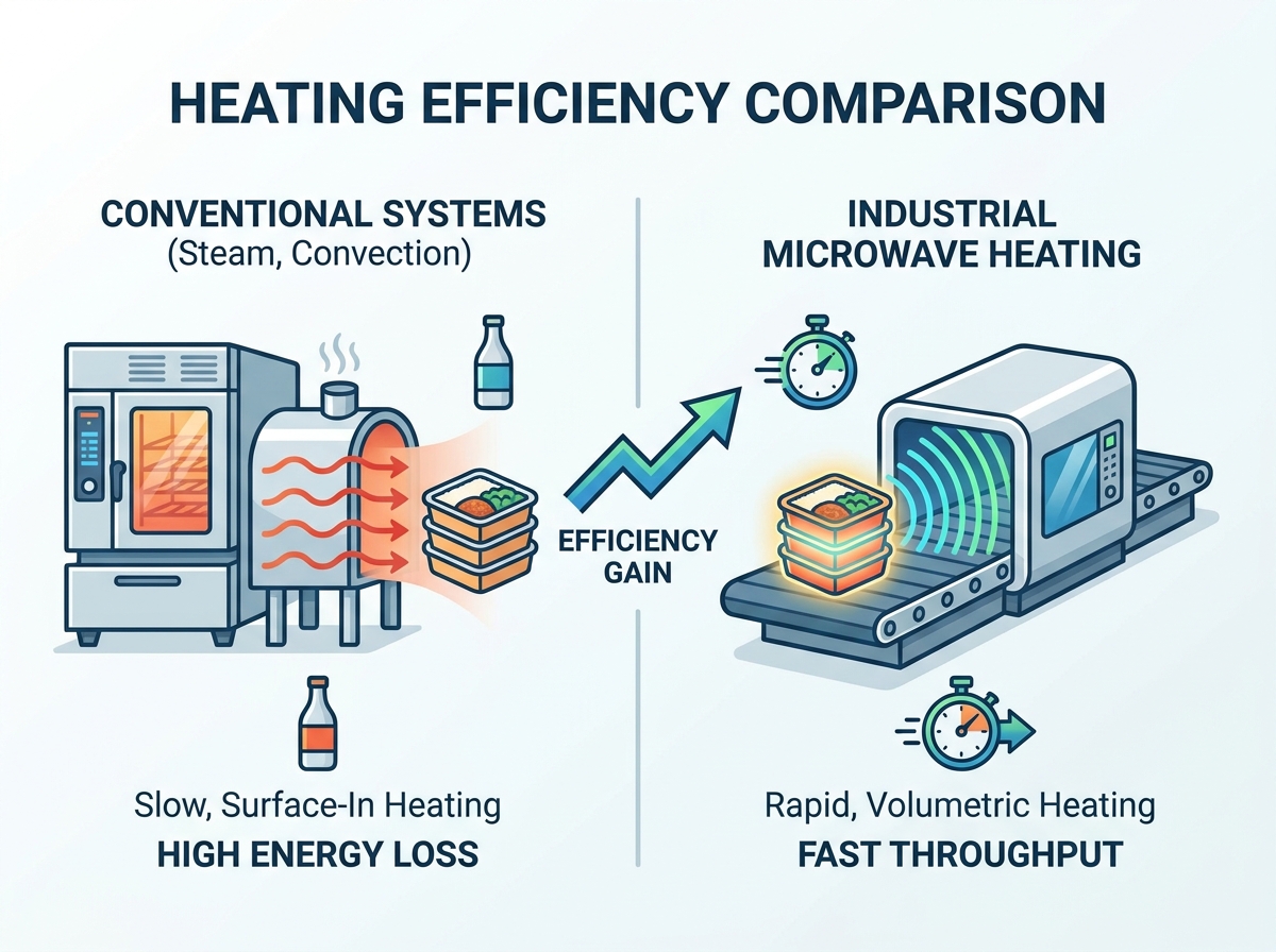 Industrial microwave heating equipment in a food production facility